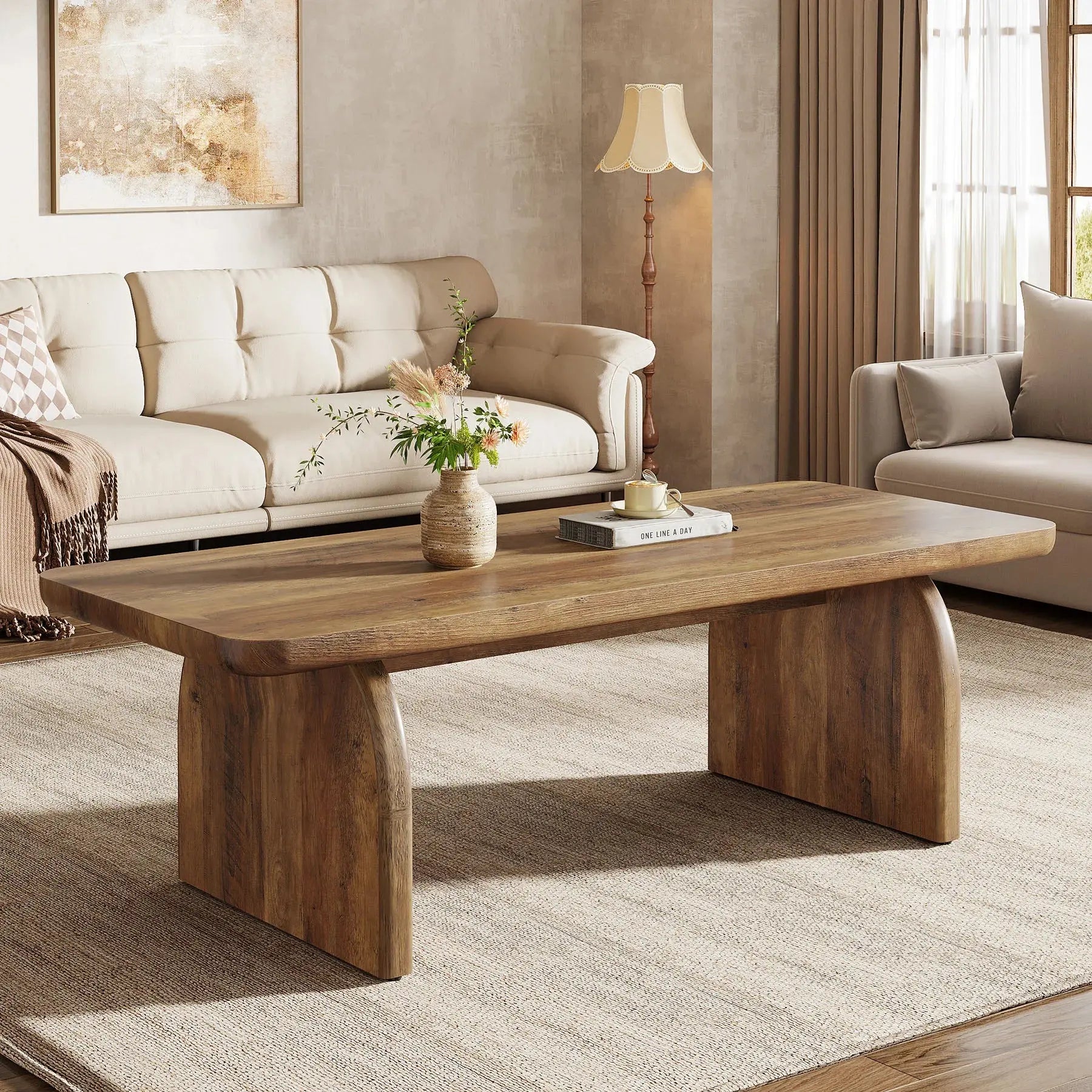 US Local 47 Inch Farmhouse Rectangular Coffee Table Wooden Rounded Corners Modern Low Center Side Table for Living Room GreatEagleInc