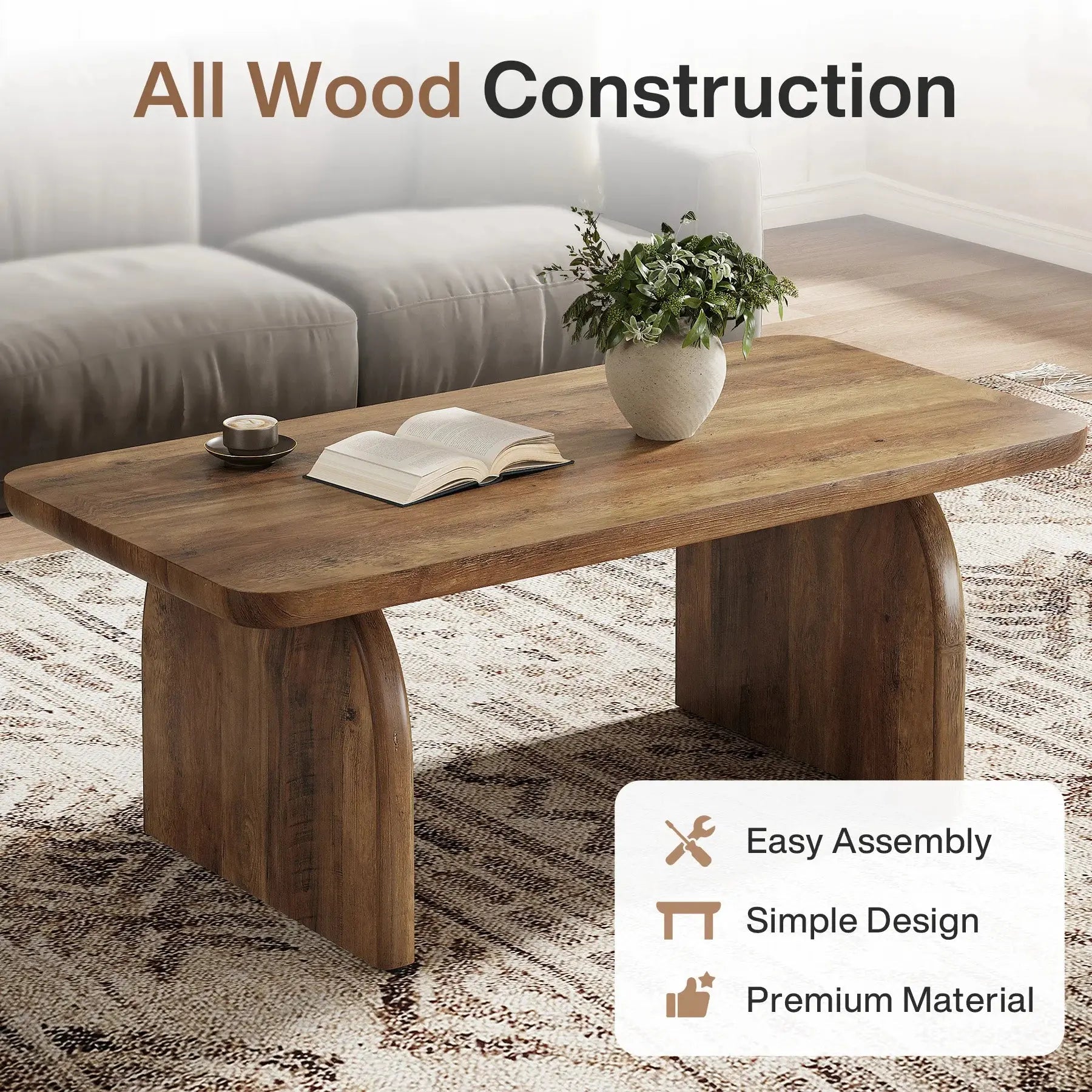US Local 47 Inch Farmhouse Rectangular Coffee Table Wooden Rounded Corners Modern Low Center Side Table for Living Room GreatEagleInc