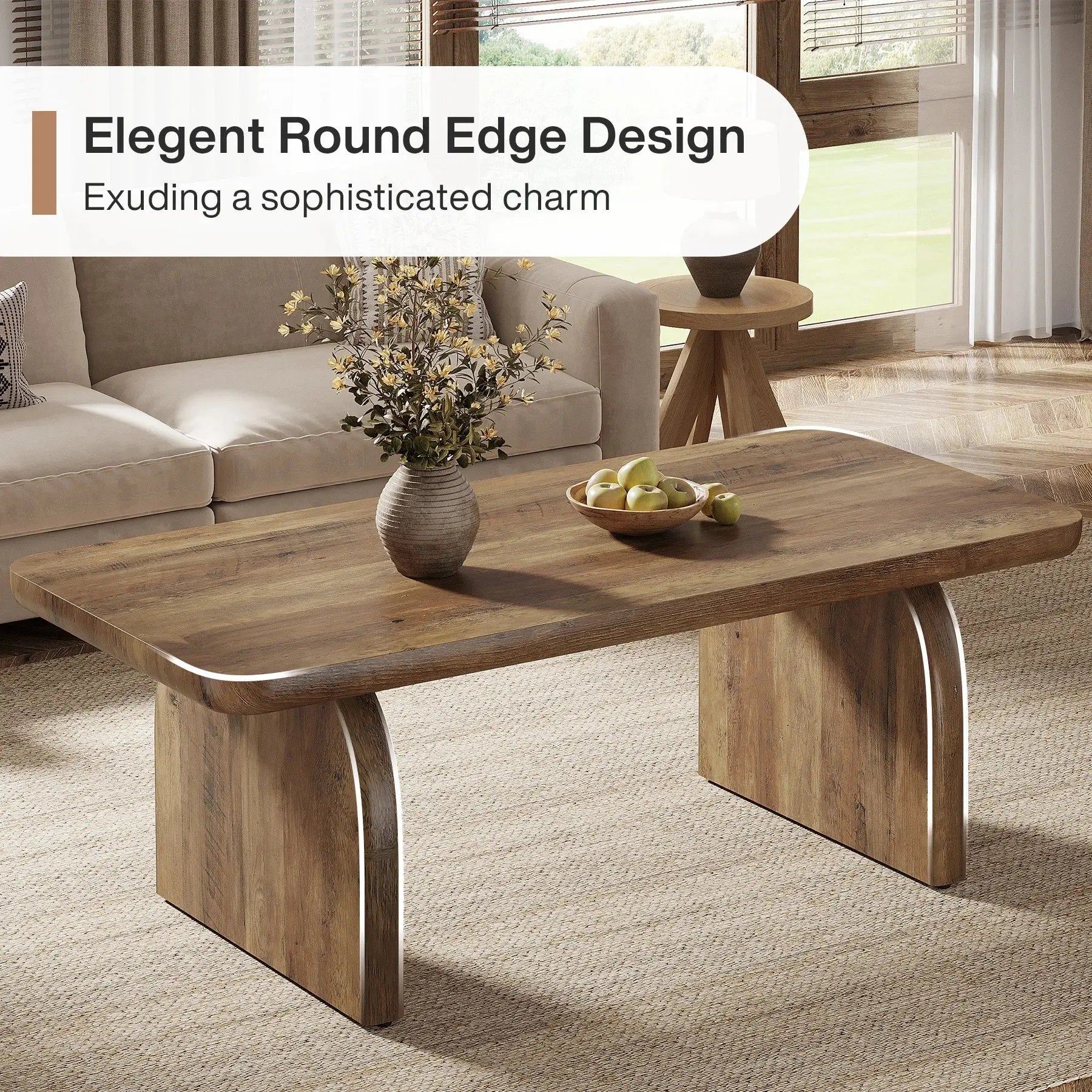US Local 47 Inch Farmhouse Rectangular Coffee Table Wooden Rounded Corners Modern Low Center Side Table for Living Room GreatEagleInc