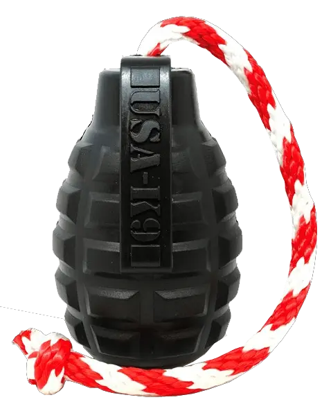 USA-K9 Grenade Durable Rubber Chew Toy, Treat Dispenser, Reward Toy, Tug Toy, and Retrieving Toy SodaPup