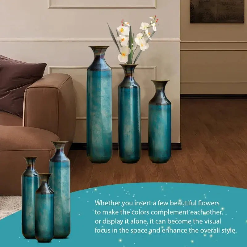 USA Stock Torch-Fired Metal Rustic Flower Vases Set 3 Tall Blue Burnt Finish High Quality Floor Vases for Farmhouse Living Room GreatEagleInc