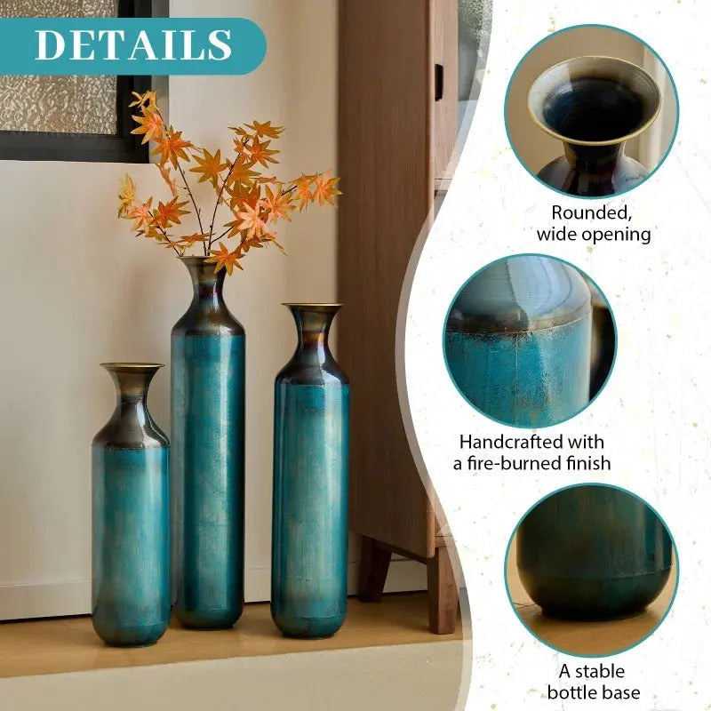 USA Stock Torch-Fired Metal Rustic Flower Vases Set 3 Tall Blue Burnt Finish High Quality Floor Vases for Farmhouse Living Room GreatEagleInc