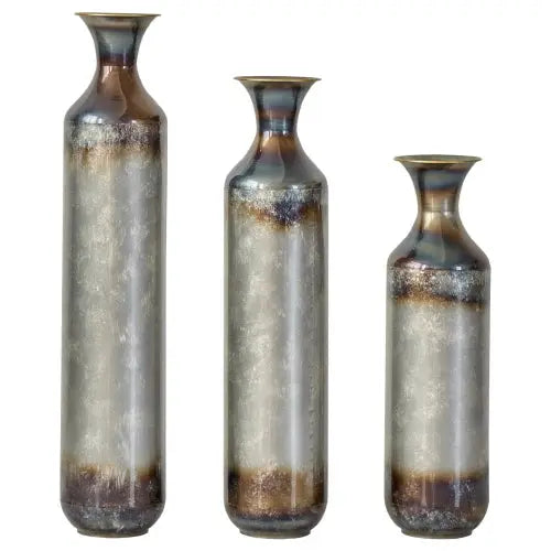 USA Stock Torch-Fired Metal Rustic Flower Vases Set 3 Tall Blue Burnt Finish High Quality Floor Vases for Farmhouse Living Room GreatEagleInc
