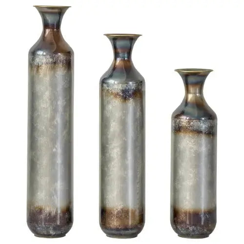 USA Stock Torch-Fired Metal Rustic Flower Vases Set 3 Tall Blue Burnt Finish High Quality Floor Vases for Farmhouse Living Room GreatEagleInc