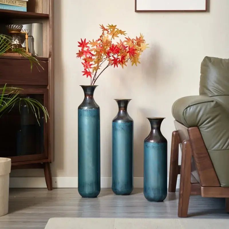 USA Stock Torch-Fired Metal Rustic Flower Vases Set 3 Tall Blue Burnt Finish High Quality Floor Vases for Farmhouse Living Room GreatEagleInc