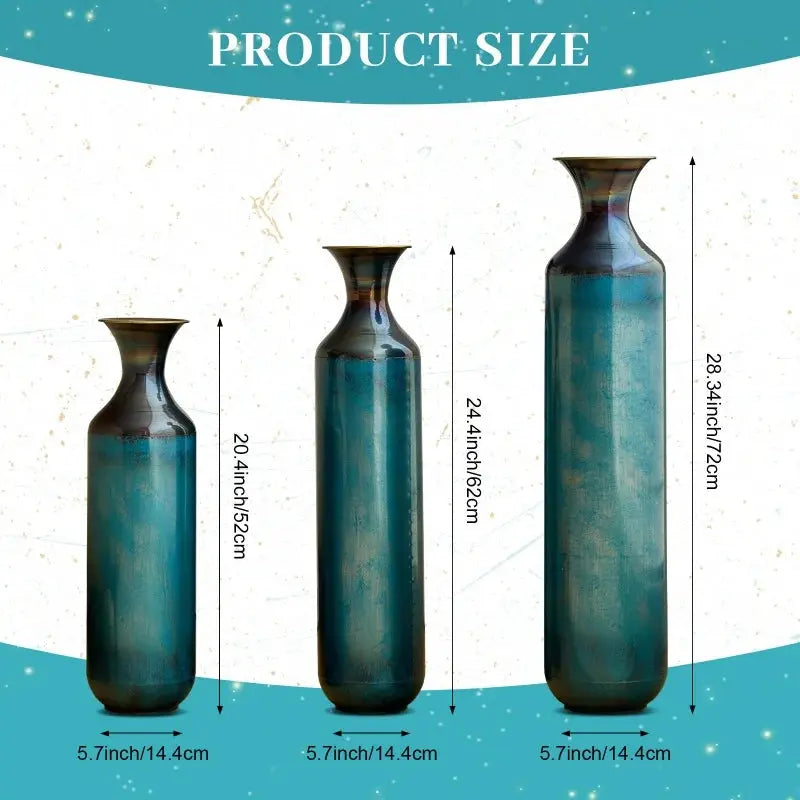 USA Stock Torch-Fired Metal Rustic Flower Vases Set 3 Tall Blue Burnt Finish High Quality Floor Vases for Farmhouse Living Room GreatEagleInc