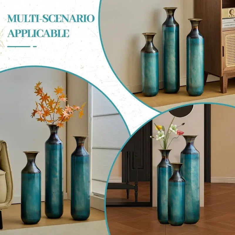 USA Stock Torch-Fired Metal Rustic Flower Vases Set 3 Tall Blue Burnt Finish High Quality Floor Vases for Farmhouse Living Room GreatEagleInc