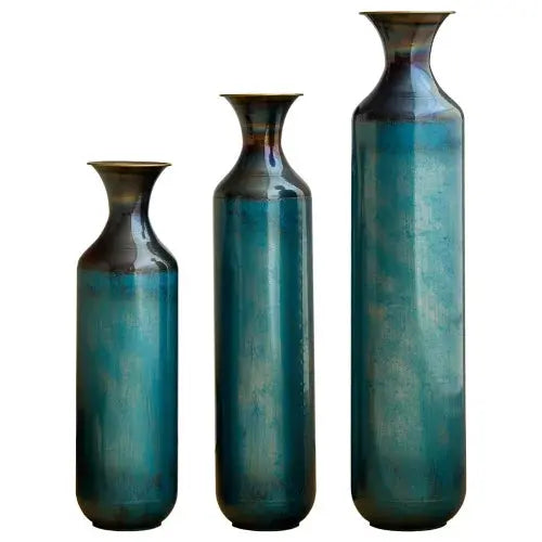 USA Stock Torch-Fired Metal Rustic Flower Vases Set 3 Tall Blue Burnt Finish High Quality Floor Vases for Farmhouse Living Room GreatEagleInc