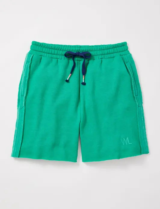 Men's green cotton blend shorts with an elastic waistband and side pockets, featuring a relaxed fit and drawstring detail.