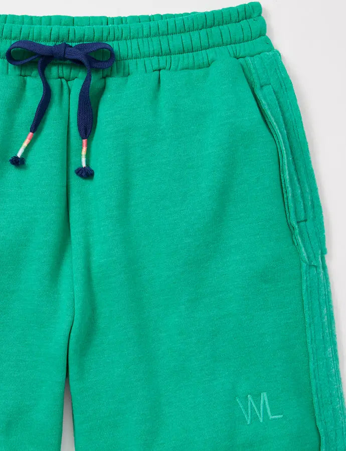 Men's teal fleece jogger pants with side pockets and drawstring, featuring embroidered logo in white.