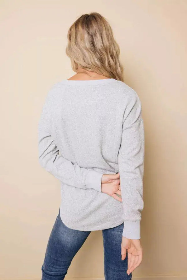 V Neck Buttons Patchwork Cuffs Top Stay Warm in Style