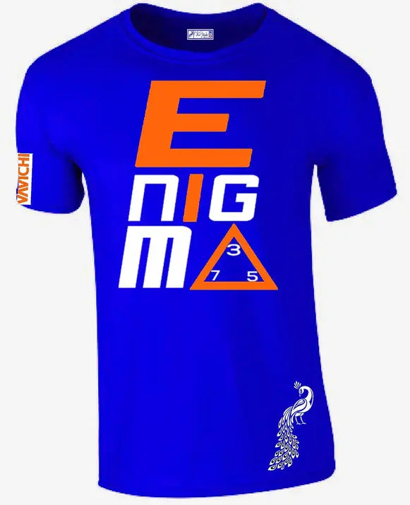 Blue cotton t-shirt featuring bold orange and white "ENIGMA 375" graphic with a peacock design.