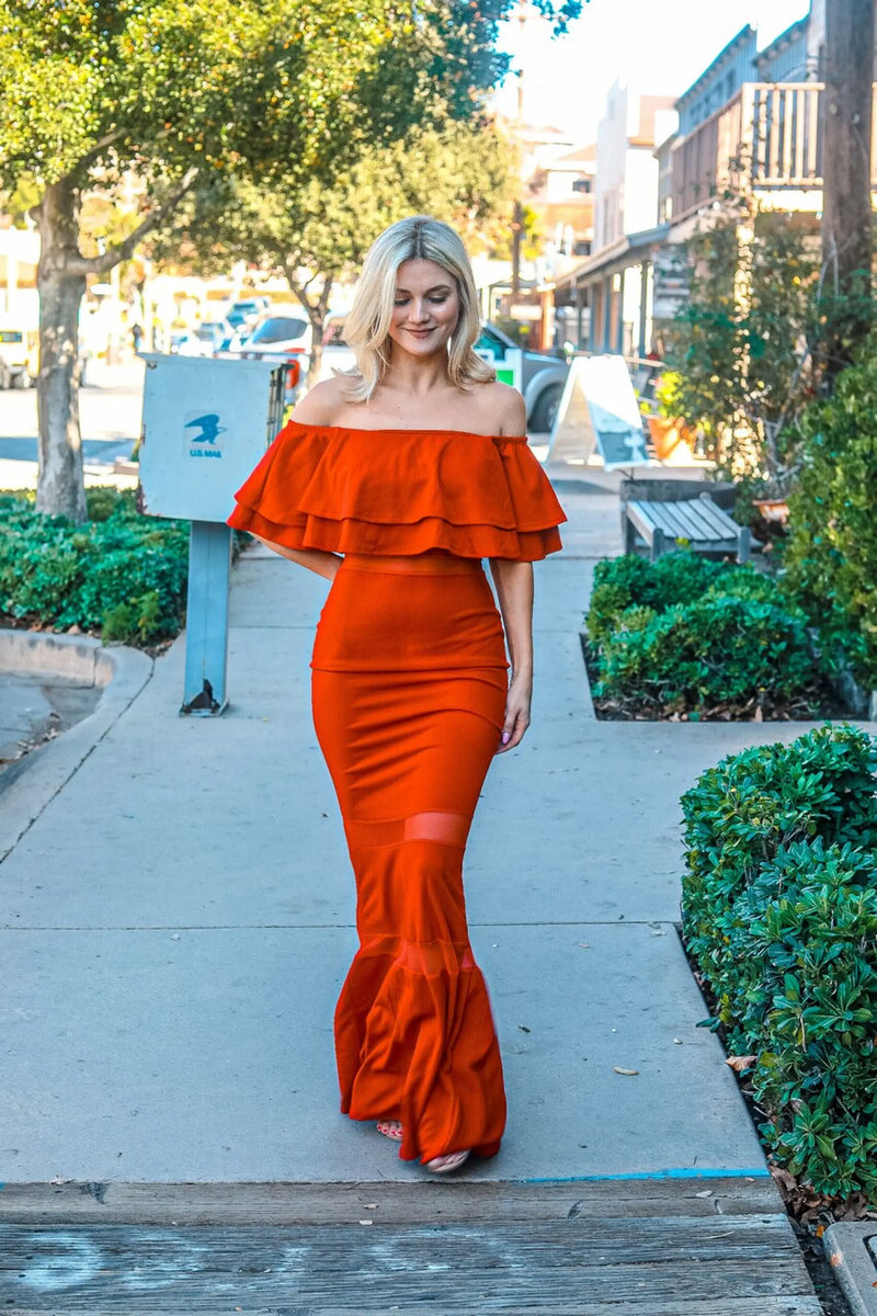 Valentina Ruffle Off The Shoulder Maxi Red Dress with Sheer Details SurelyMine