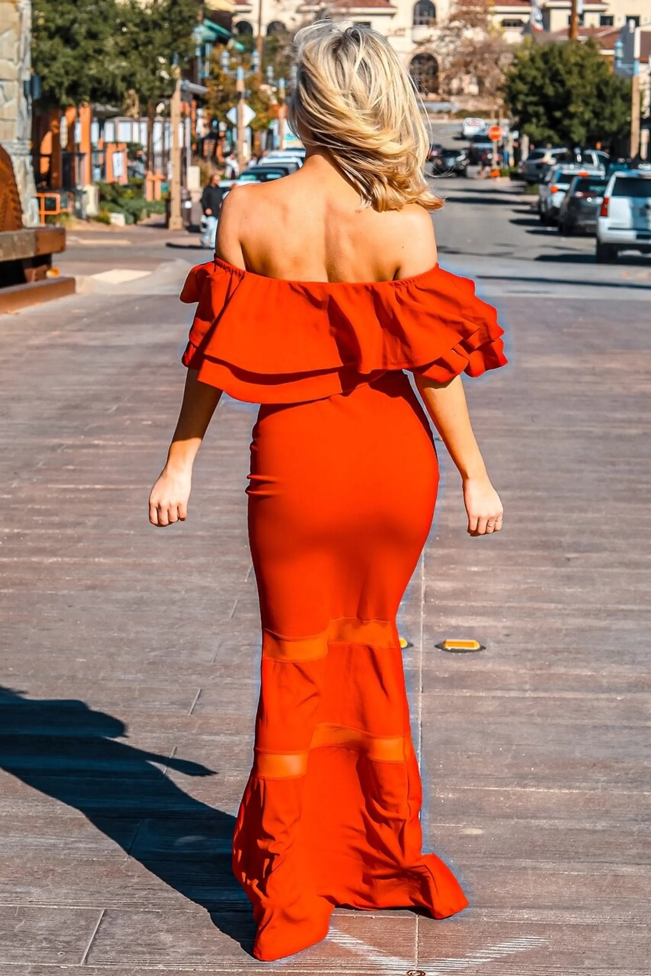 Valentina Ruffle Off The Shoulder Maxi Red Dress with Sheer Details SurelyMine