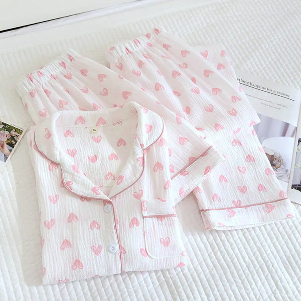 Various Style Spring and Summer Cotton Crepe Pajamas Sweet Three-Piece Short-Sleeved Trousers Spring and Autumn Loose Casual suit GreatEagleInc