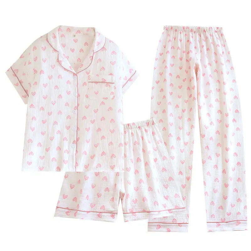 Various Style Spring and Summer Cotton Crepe Pajamas Sweet Three-Piece Short-Sleeved Trousers Spring and Autumn Loose Casual suit GreatEagleInc