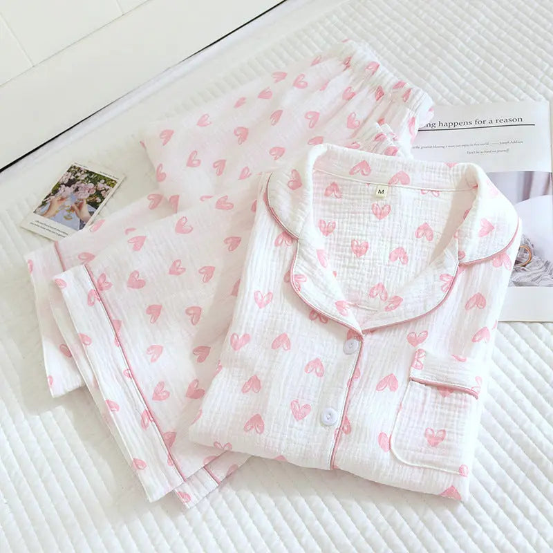 Various Style Spring and Summer Cotton Crepe Pajamas Sweet Three-Piece Short-Sleeved Trousers Spring and Autumn Loose Casual suit GreatEagleInc
