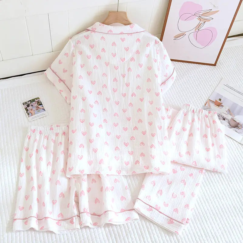 Various Style Spring and Summer Cotton Crepe Pajamas Sweet Three-Piece Short-Sleeved Trousers Spring and Autumn Loose Casual suit GreatEagleInc