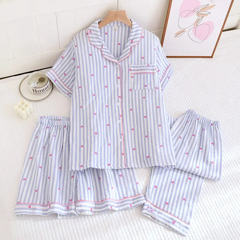 Various Style Spring and Summer Cotton Crepe Pajamas Sweet Three-Piece Short-Sleeved Trousers Spring and Autumn Loose Casual suit GreatEagleInc