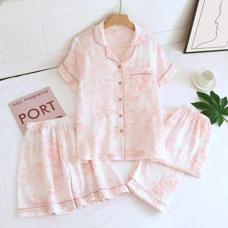 Various Style Spring and Summer Cotton Crepe Pajamas Sweet Three-Piece Short-Sleeved Trousers Spring and Autumn Loose Casual suit GreatEagleInc