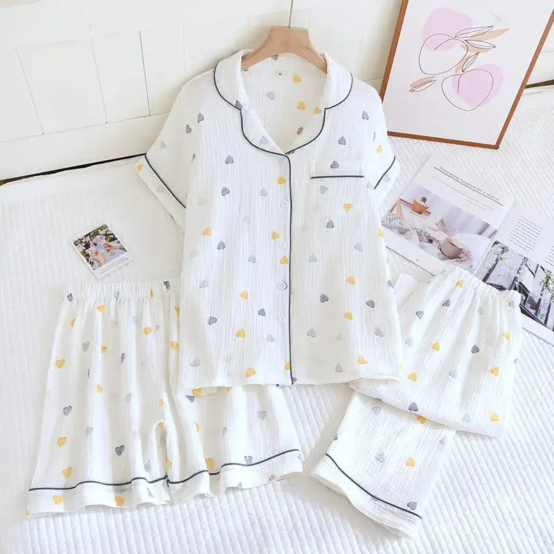 Various Style Spring and Summer Cotton Crepe Pajamas Sweet Three-Piece Short-Sleeved Trousers Spring and Autumn Loose Casual suit GreatEagleInc