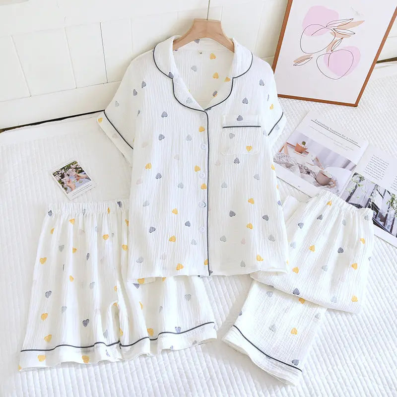 Various Style Spring and Summer Cotton Crepe Pajamas Sweet Three-Piece Short-Sleeved Trousers Spring and Autumn Loose Casual suit GreatEagleInc