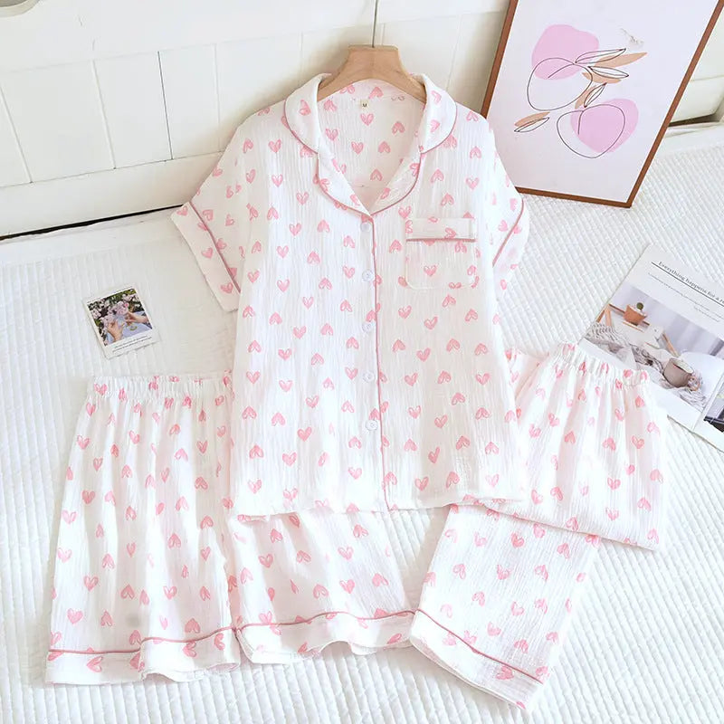 Various Style Spring and Summer Cotton Crepe Pajamas Sweet Three-Piece Short-Sleeved Trousers Spring and Autumn Loose Casual suit GreatEagleInc