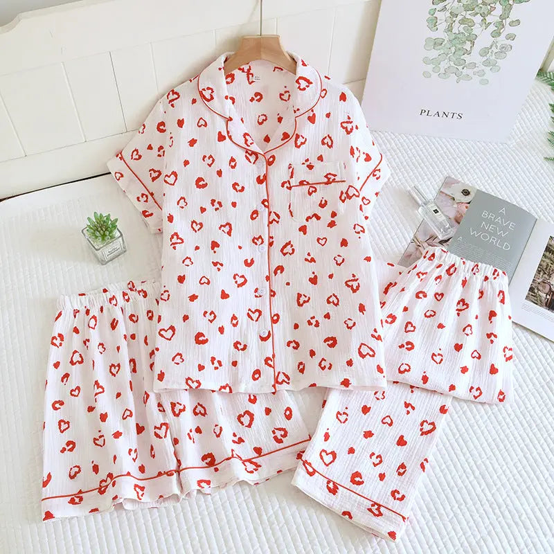 Various Style Spring and Summer Cotton Crepe Pajamas Sweet Three-Piece Short-Sleeved Trousers Spring and Autumn Loose Casual suit GreatEagleInc