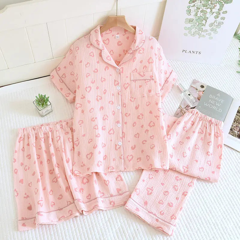 Various Style Spring and Summer Cotton Crepe Pajamas Sweet Three-Piece Short-Sleeved Trousers Spring and Autumn Loose Casual suit GreatEagleInc