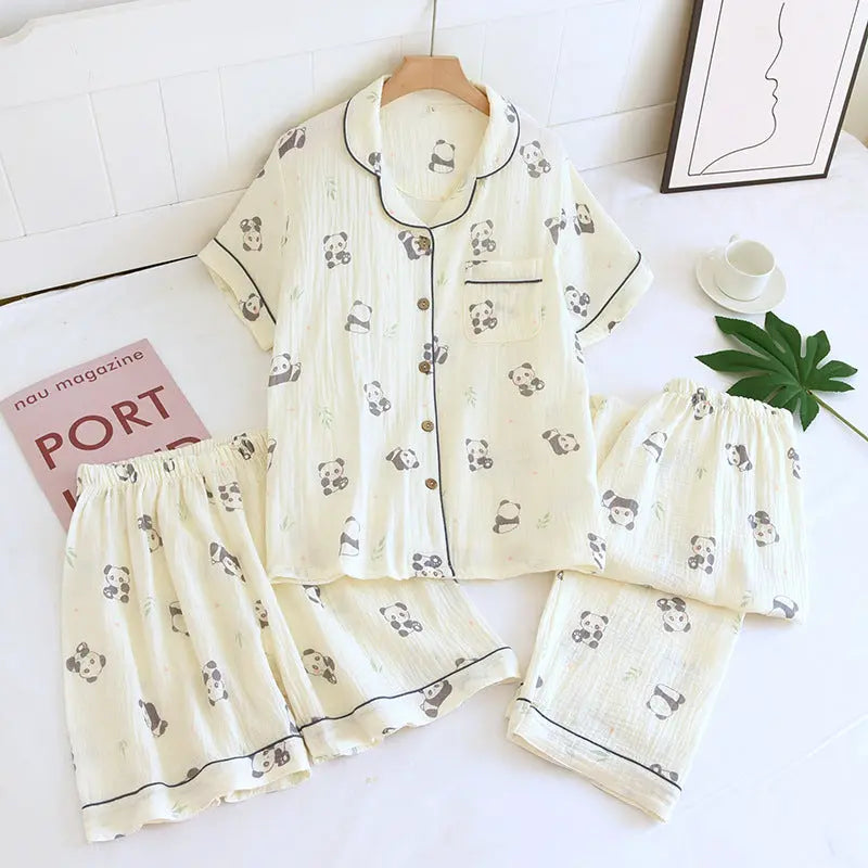 Various Style Spring and Summer Cotton Crepe Pajamas Sweet Three-Piece Short-Sleeved Trousers Spring and Autumn Loose Casual suit GreatEagleInc