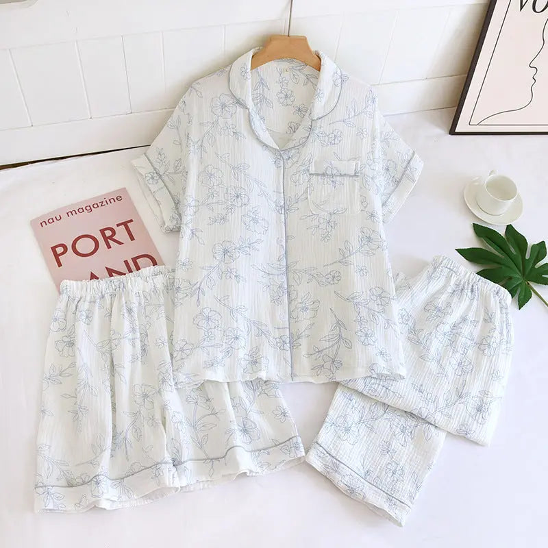 Various Style Spring and Summer Cotton Crepe Pajamas Sweet Three-Piece Short-Sleeved Trousers Spring and Autumn Loose Casual suit GreatEagleInc