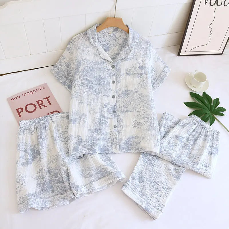 Various Style Spring and Summer Cotton Crepe Pajamas Sweet Three-Piece Short-Sleeved Trousers Spring and Autumn Loose Casual suit GreatEagleInc