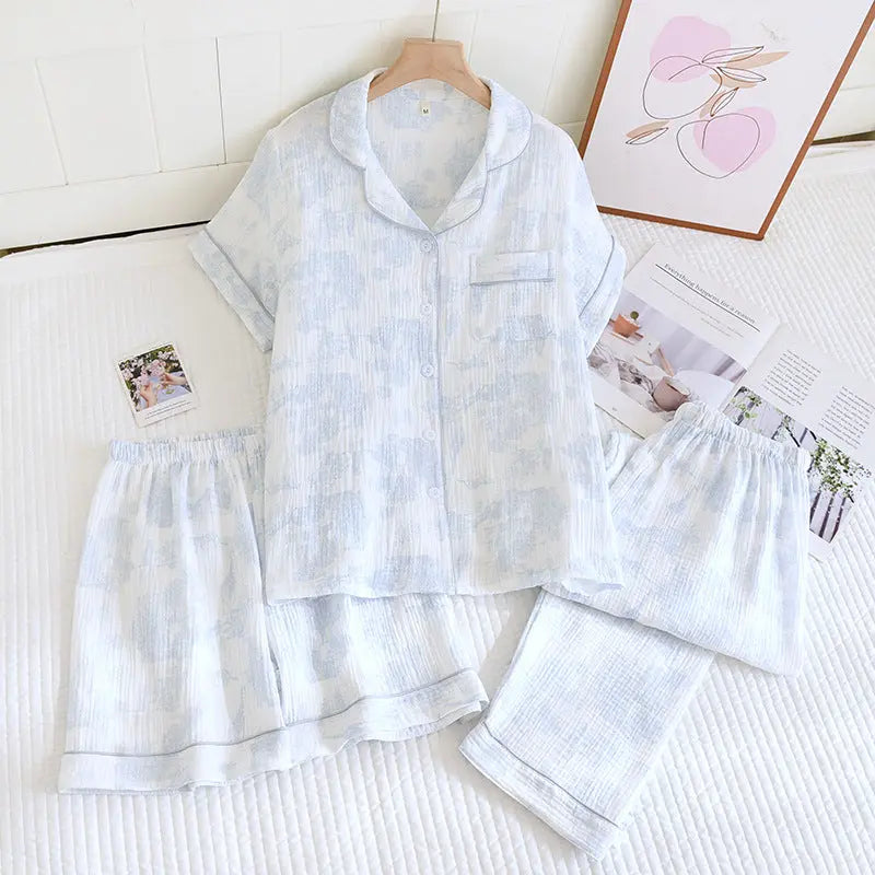 Various Style Spring and Summer Cotton Crepe Pajamas Sweet Three-Piece Short-Sleeved Trousers Spring and Autumn Loose Casual suit GreatEagleInc