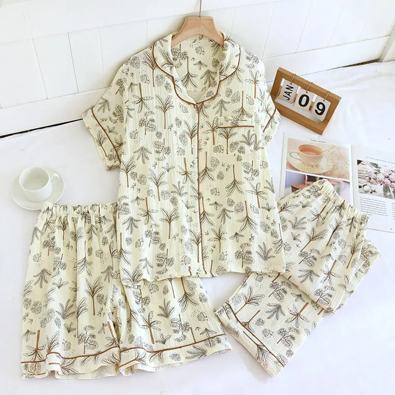 Various Style Spring and Summer Cotton Crepe Pajamas Sweet Three-Piece Short-Sleeved Trousers Spring and Autumn Loose Casual suit GreatEagleInc