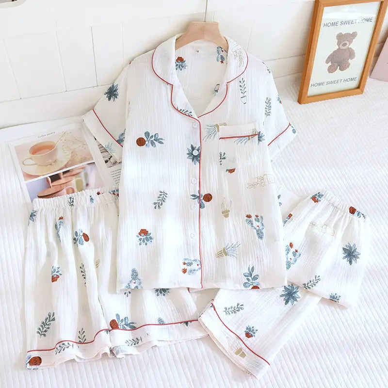 Various Style Spring and Summer Cotton Crepe Pajamas Sweet Three-Piece Short-Sleeved Trousers Spring and Autumn Loose Casual suit GreatEagleInc