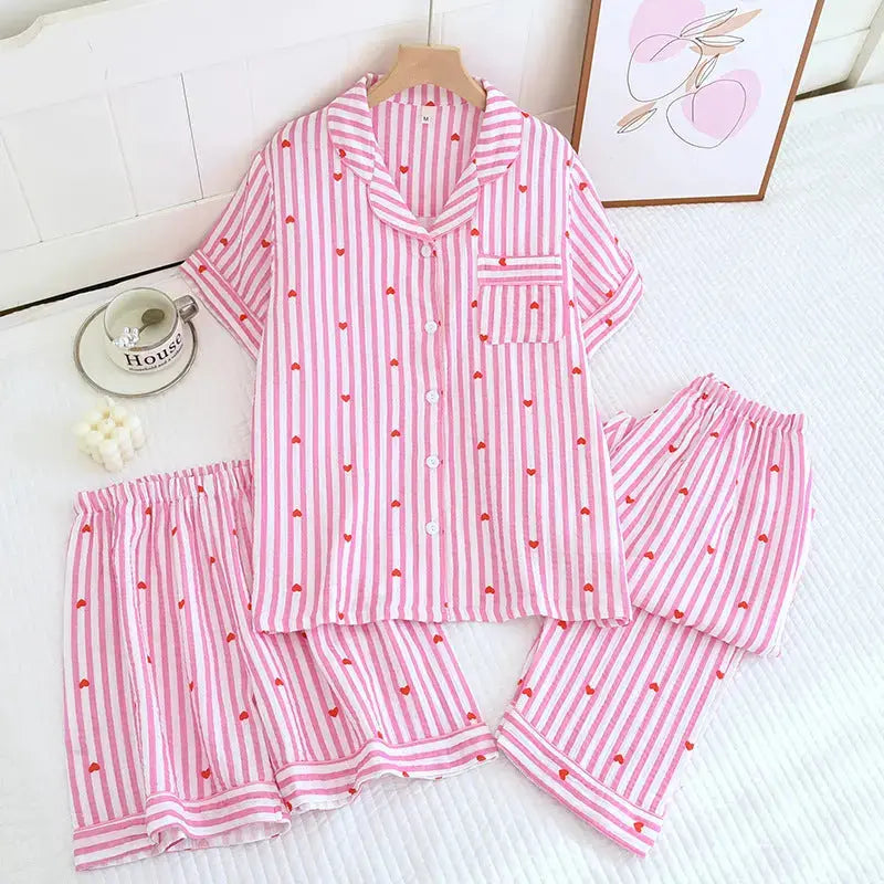 Various Style Spring and Summer Cotton Crepe Pajamas Sweet Three-Piece Short-Sleeved Trousers Spring and Autumn Loose Casual suit GreatEagleInc