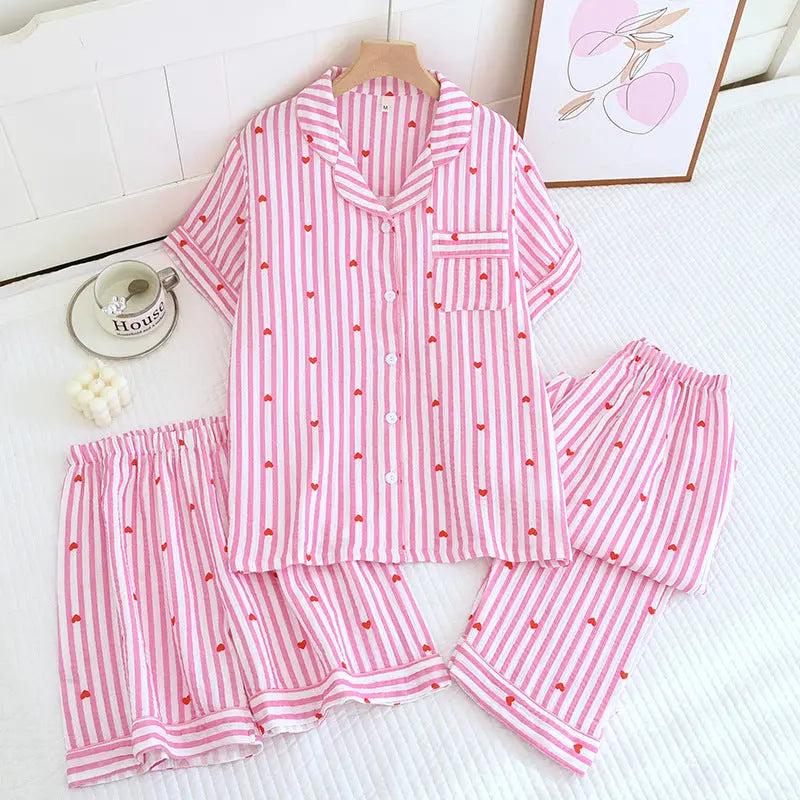 Various Style Spring and Summer Cotton Crepe Pajamas Sweet Three-Piece Short-Sleeved Trousers Spring and Autumn Loose Casual suit GreatEagleInc