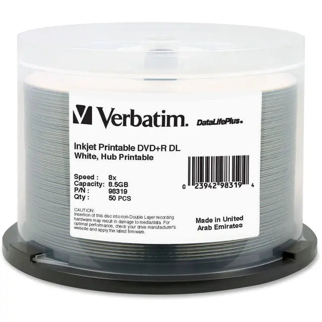Verbatim DVD+R DL 8.5GB 8X DataLifePlus White InkJet Printable, Hub Printable - 50pk Spindle Verbatim America, LLC