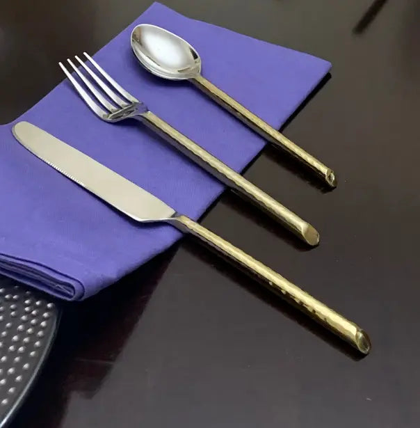 Vibhsa Hammered Golden Stainless Steel Flatware 18-Piece Set (Dinner knives, Dinner Forks, Teaspoons) Classy R Us LLC