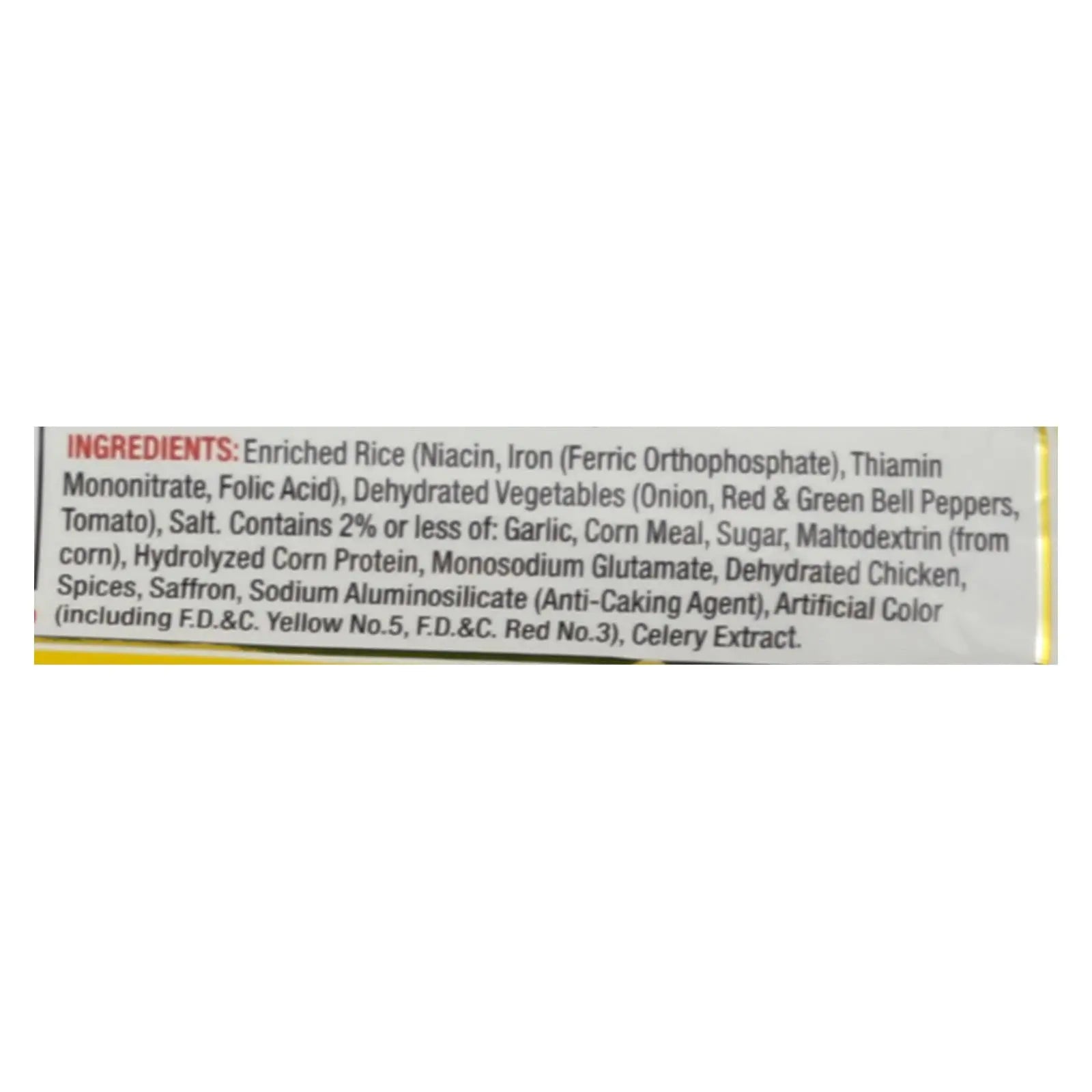 Ingredients label featuring enriched rice, dehydrated vegetables, and spices in a vibrant, colorful layout.