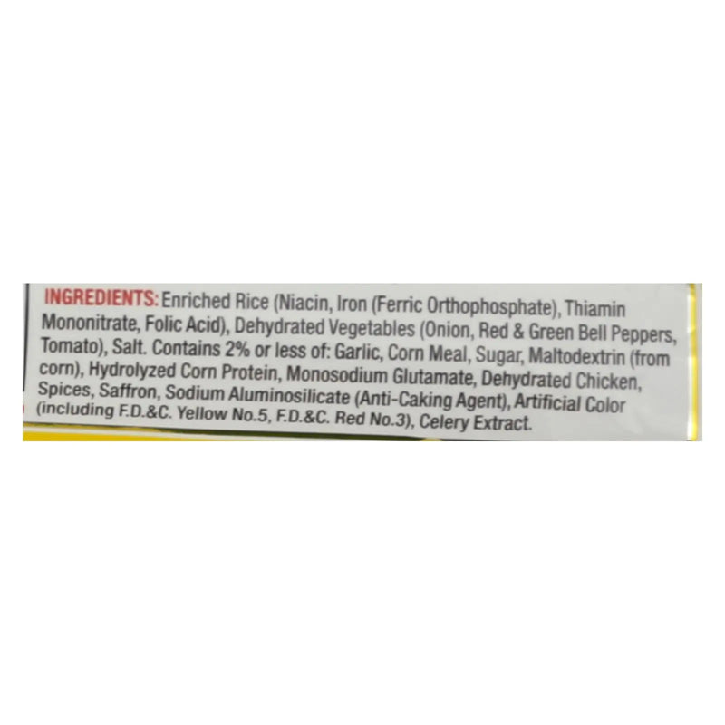 Ingredients label featuring enriched rice, dehydrated vegetables, and spices in a vibrant, colorful layout.