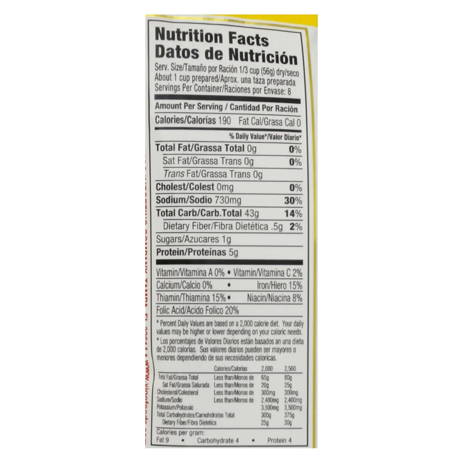 Nutrition facts label on a yellow package, detailing calories, fats, carbohydrates, and protein values.