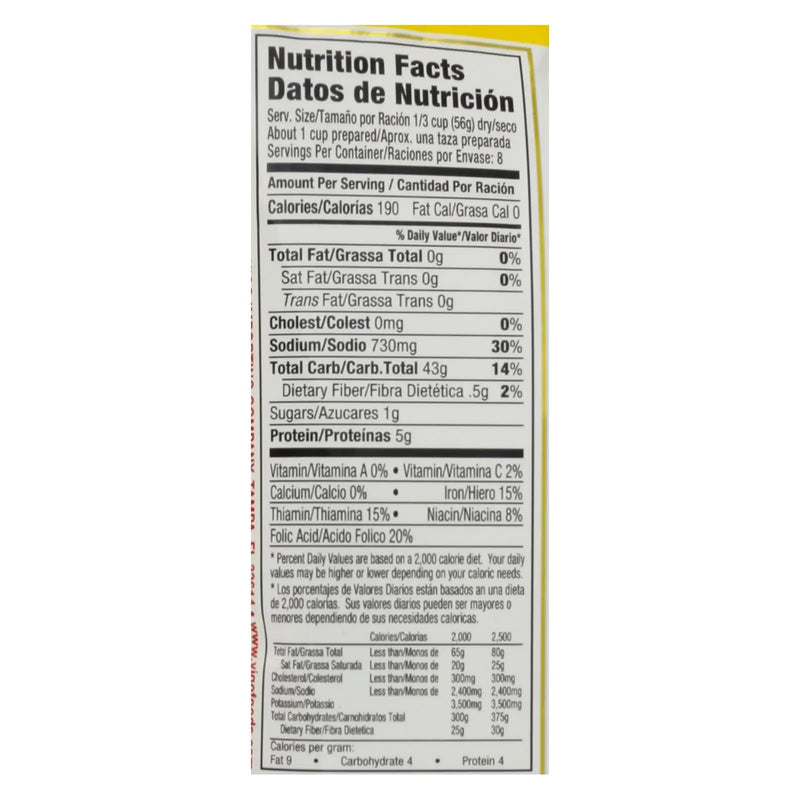 Nutrition facts label on a yellow package, detailing calories, fats, carbohydrates, and protein values.