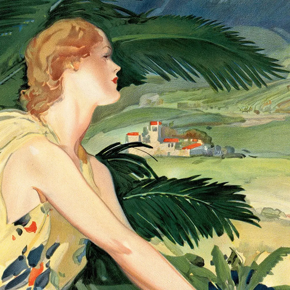 Art Deco print featuring a woman in a yellow dress with floral patterns, against a lush green landscape background.