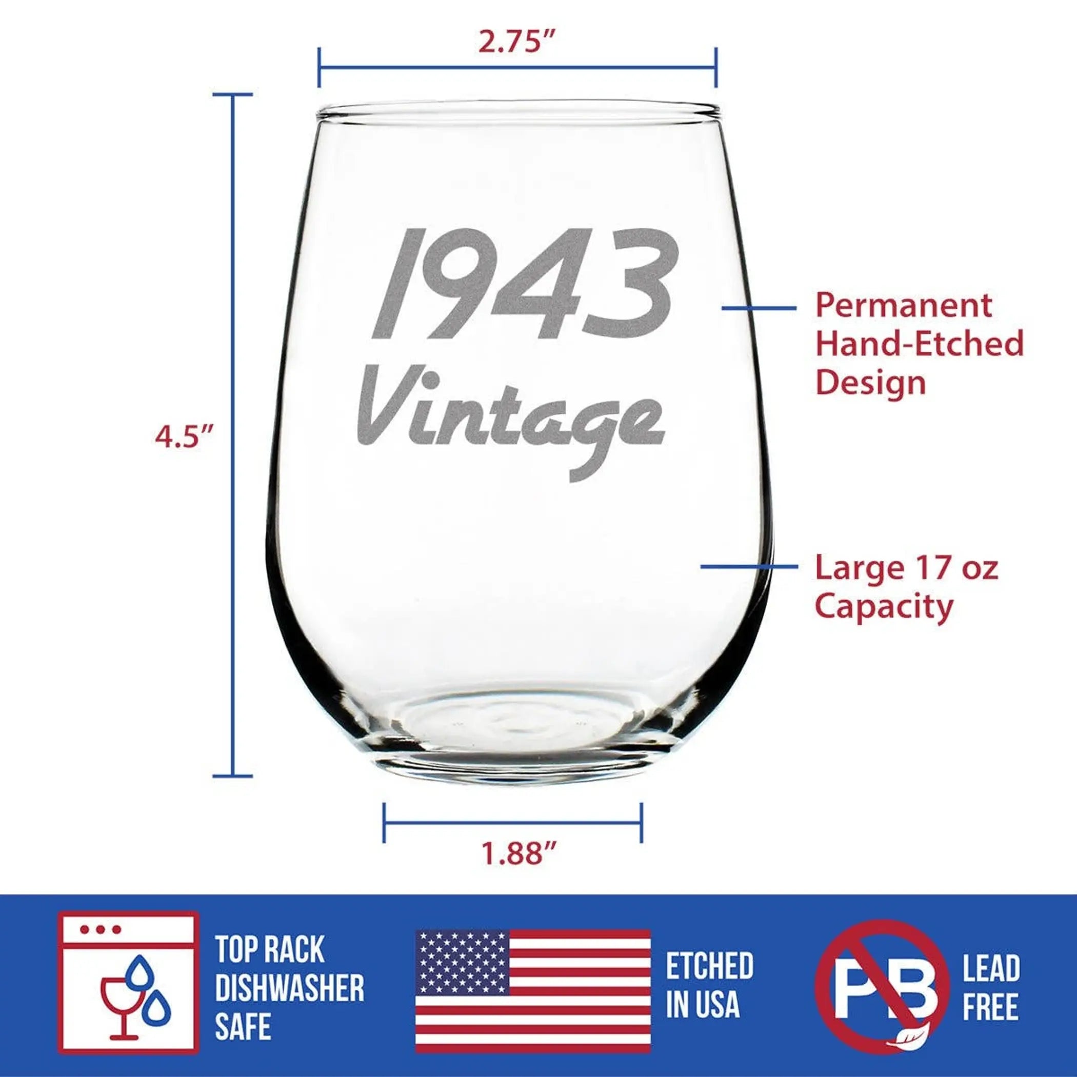 Vintage 1943 Stemless Wine Glass - 81st Birthday Gifts Bevvee