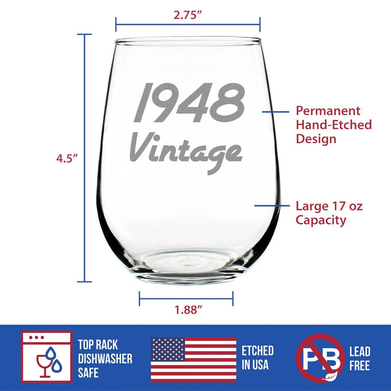 Vintage 1948 Stemless Wine Glass - 76th Birthday Gifts Bevvee