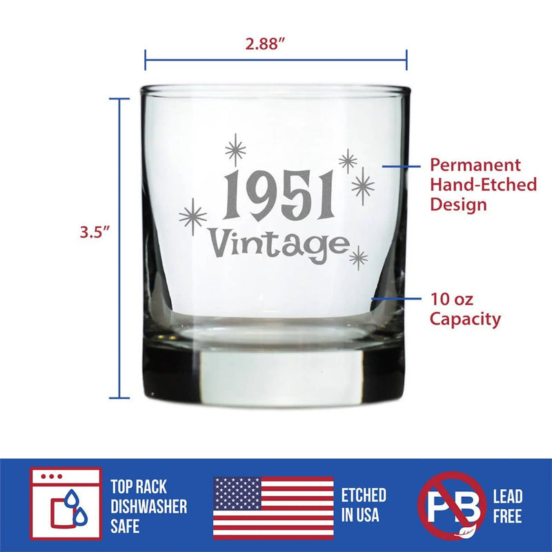 Vintage 1951 Whiskey Rocks Glass - 73rd Birthday Gifts Bevvee