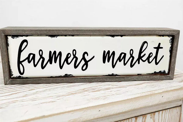 Vintage Farmers Market Wood Block Sign- Farmhouse Rustic Tabletop Decor- Weathered Wood Frame Enamel Finish- 12.2" W x 2" D x 3.8" H Paris Loft Inc