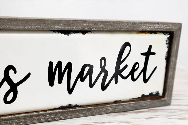 Vintage Farmers Market Wood Block Sign- Farmhouse Rustic Tabletop Decor- Weathered Wood Frame Enamel Finish- 12.2" W x 2" D x 3.8" H Paris Loft Inc
