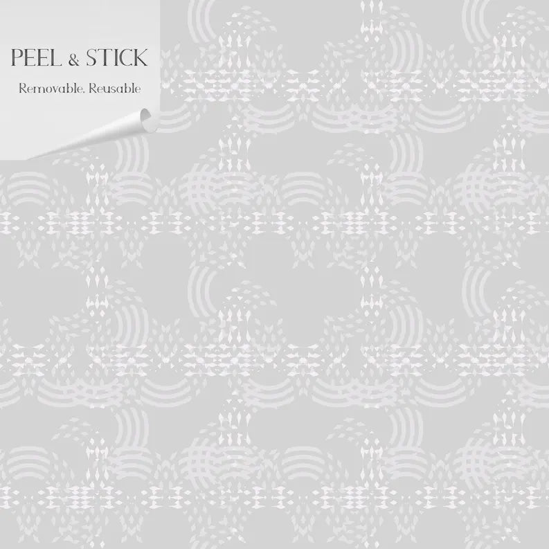 Gray peel-and-stick wallpaper with abstract white patterns, removable and reusable, perfect for modern decor.